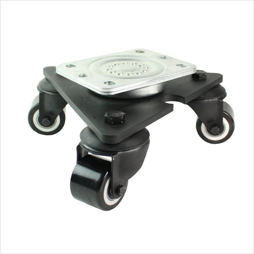 Mini plateau tournant robuste de 50 mm avec roue en polyuréthane noir, surface de roulement plate – rouleau en PU noir visuellement discret avec profil plat.