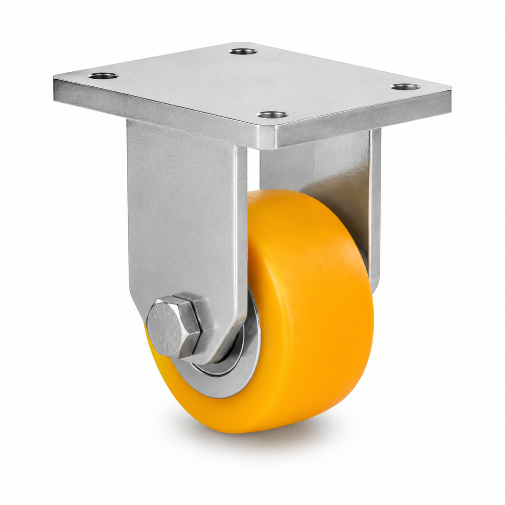 Schwerlast-Bockrolle Ø 65 mm ballig mit Anschraubplatte – gelbes Polyurethan-Rad