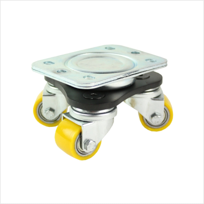 Mini plateau tournant robuste de 35 mm avec trois rouleaux orientables en polyuréthane souple pour une mobilité aisée dans un format compact.
