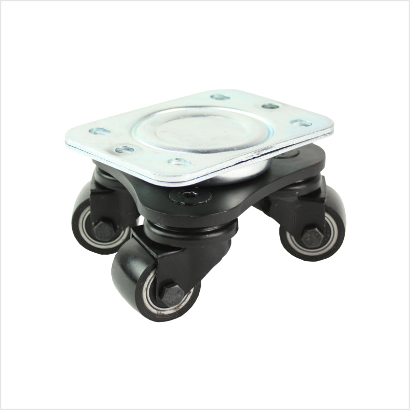 Mini platine vinyle robuste noire de 35 mm avec roues en polyuréthane noir – design discret et pneus en PU noir résistants à l'usure.