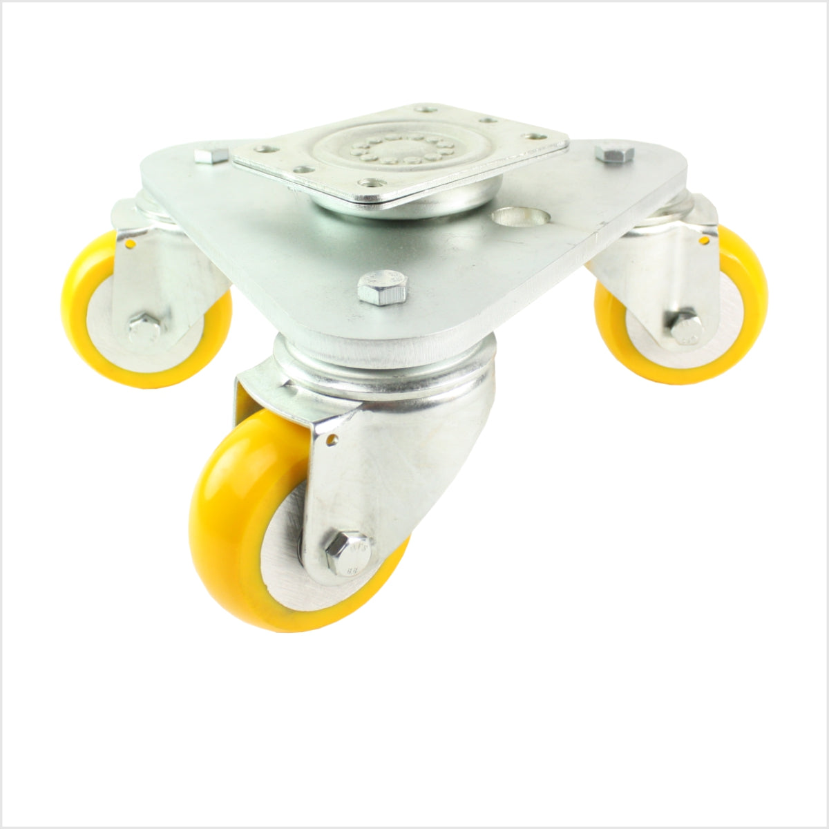 Platine vinyle 80 mm avec 3 roulettes pivotantes professionnelles en polyuréthane, bombées, jaunes - DRT-TS/690KBA/080/30