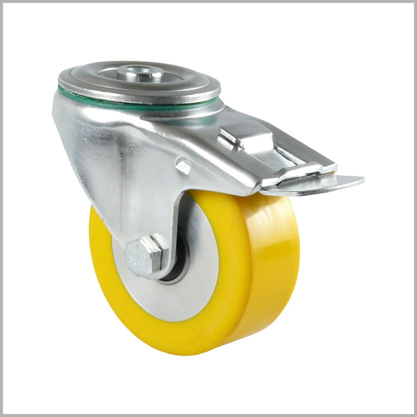 Roulette pivotante de 125 mm avec trou arrière et frein, en polyuréthane