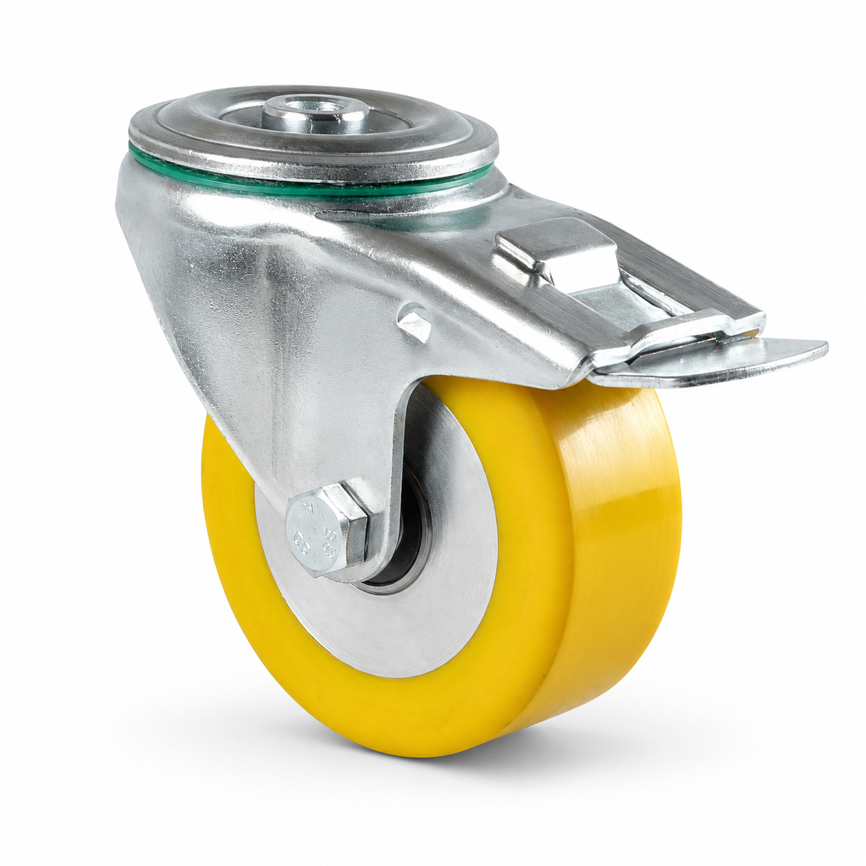 Industrie-Lenkrolle Ø 125 mm flach mit Rückenloch und Feststeller – gelbes Polyurethan-Rad