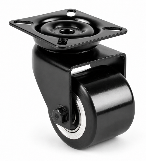Schwarze 50 mm Mini-Schwerlast-Lenkrolle L-DAPS/691KFL mit Polyurethan-Rad und Plattenbefestigung
