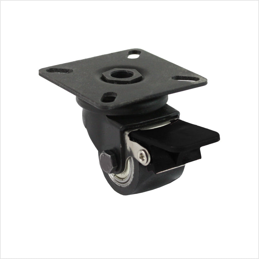Roulette pivotante mini robuste noire, boîtier en acier noir avec frein de blocage, roue en polyuréthane noir avec 2 roulements à billes sur fond blanc.