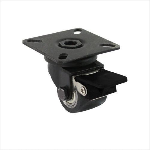 Roulette pivotante mini robuste noire, boîtier en acier noir avec frein de blocage, roue en polyuréthane noir avec 2 roulements à billes sur fond blanc.