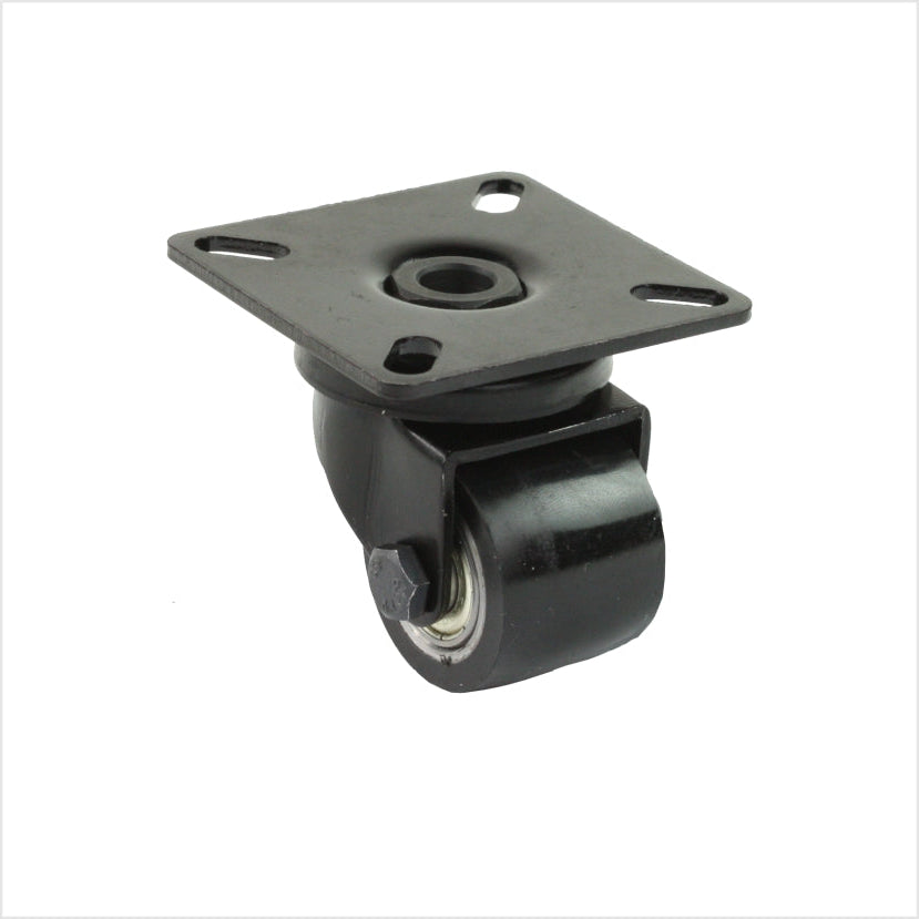 Mini roulette pivotante robuste avec roue de 35 mm en polyuréthane noir, fixation par plaque pour 4 vis de 6 mm, boîtier noir.
