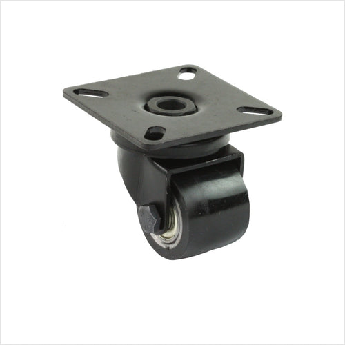 Mini roulette pivotante robuste avec roue de 35 mm en polyuréthane noir, fixation par plaque pour 4 vis de 6 mm, boîtier noir.