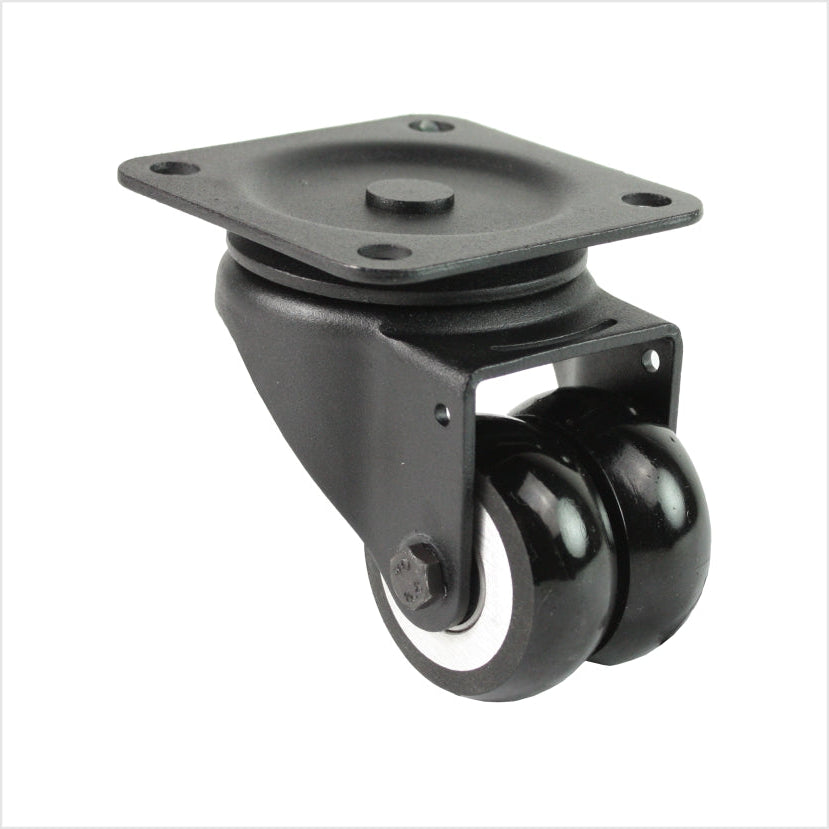 Mini roulette double pivotante robuste avec boîtier noir et 2 roues en polyuréthane noir, forme de roue convexe pour faciliter le pivotement et la poussée.