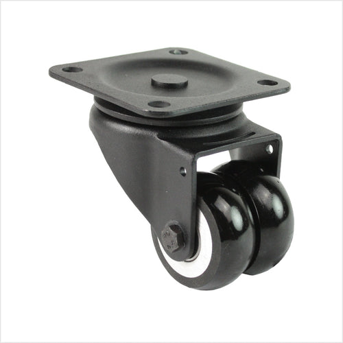 Mini roulette double pivotante robuste avec boîtier noir et 2 roues en polyuréthane noir, forme de roue convexe pour faciliter le pivotement et la poussée.