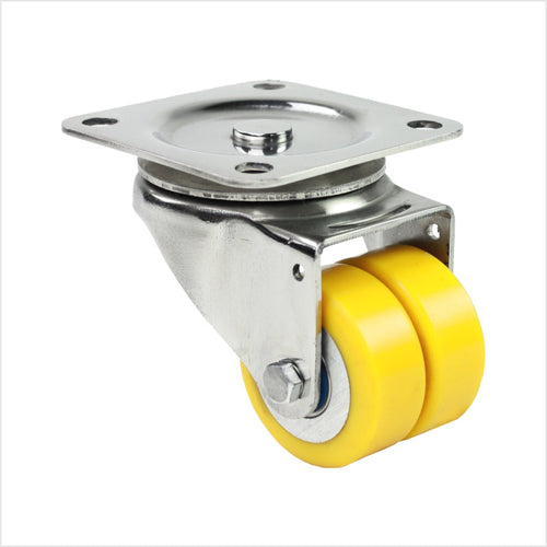 Roulette pivotante en acier inoxydable, mini roulette robuste, 50 mm, antirouille, avec 2 roues en polyuréthane jaune et roulements à billes en acier inoxydable, forme plate