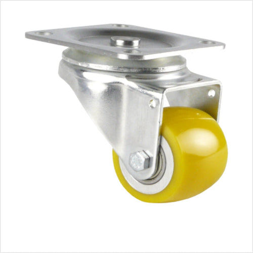 Roulette pivotante avec large roue en polyuréthane et bande de roulement convexe jaune, boîtier galvanisé.