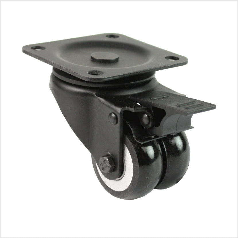 Roulette pivotante mini robuste noire LTB-MIB-691KBA avec roues doubles bombées et plaque supérieure, dimensions des roues : 50 × 20 mm, roulette industrielle compacte pour applications à forte capacité de charge