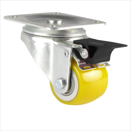 Roulette pivotante mini robuste avec frein (levier de blocage), roue en polyuréthane jaune 50 x 40 mm, profil convexe, levier noir, plaque de fixation à 4 trous