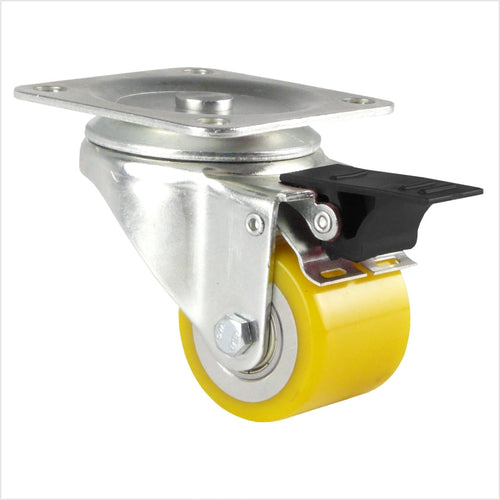 Roulette pivotante mini robuste avec frein (levier de blocage), roue plate en polyuréthane jaune 50 x 40 mm, levier noir, plaque de fixation pour 4 trous.