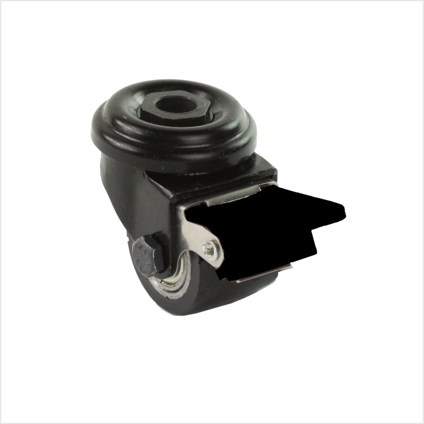 Roulette pivotante mini robuste de 35 mm, noire avec trou arrière, mécanisme de verrouillage, levier de frein noir, roue en polyuréthane noir avec 2 roulements à billes.