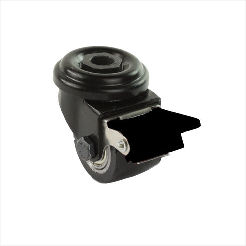 Roulette pivotante mini robuste de 35 mm, noire avec trou arrière, mécanisme de verrouillage, levier de frein noir, roue en polyuréthane noir avec 2 roulements à billes.