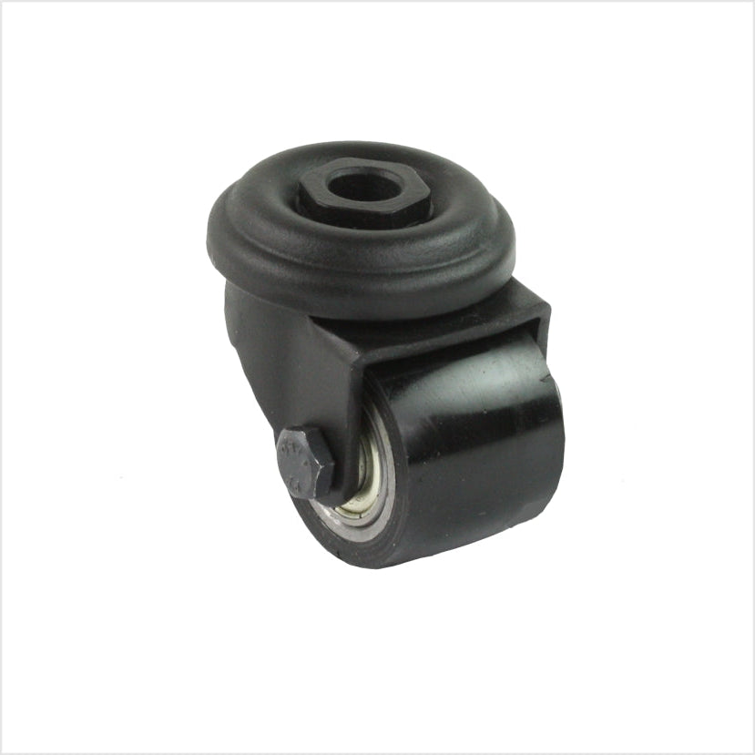 Roulette mini robuste noire avec trou de fixation arrière pour une vis, la roulette possède une roue en polyuréthane noir sur fond blanc.
