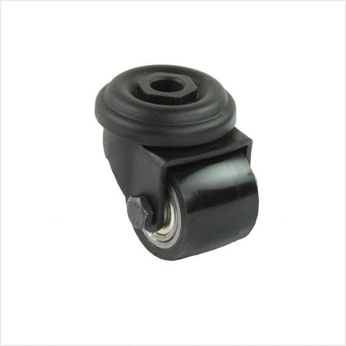 Roulette mini robuste noire avec trou de fixation arrière pour une vis, la roulette possède une roue en polyuréthane noir sur fond blanc.