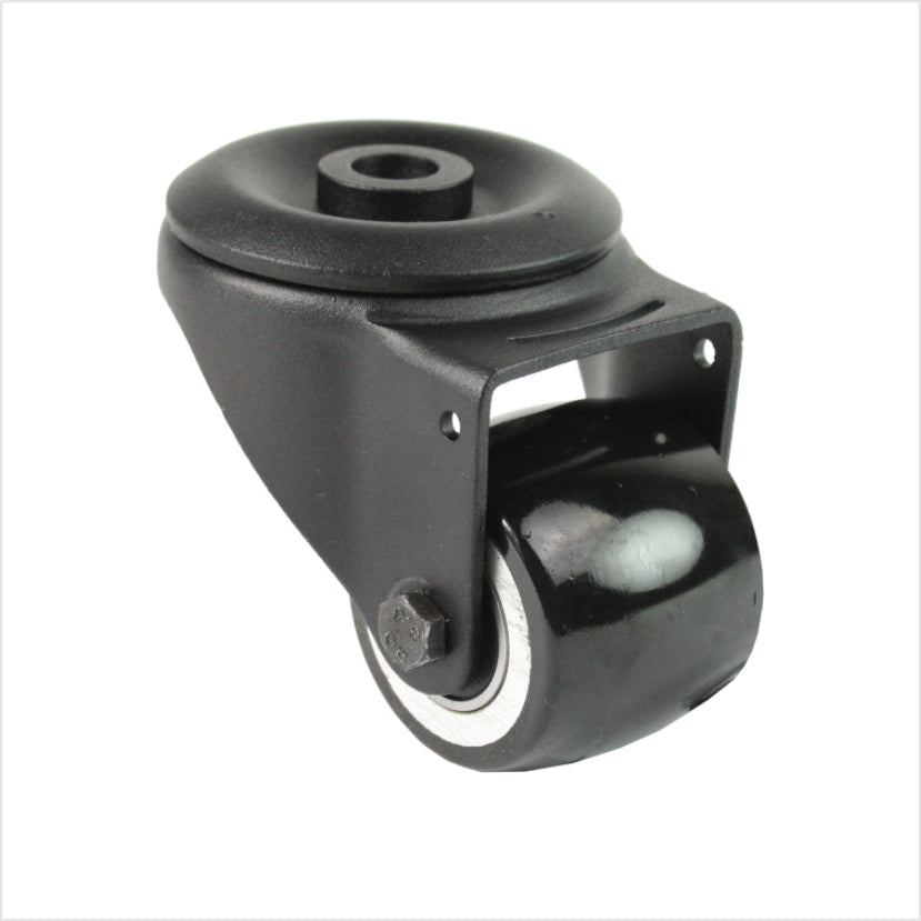 Roulette pivotante mini robuste noire R-MIB-691KBA avec roue bombée et fixation par trou arrière, diamètre de la roue 50 mm, roulette industrielle compacte pour la construction de meubles, de magasins et de stands d'exposition