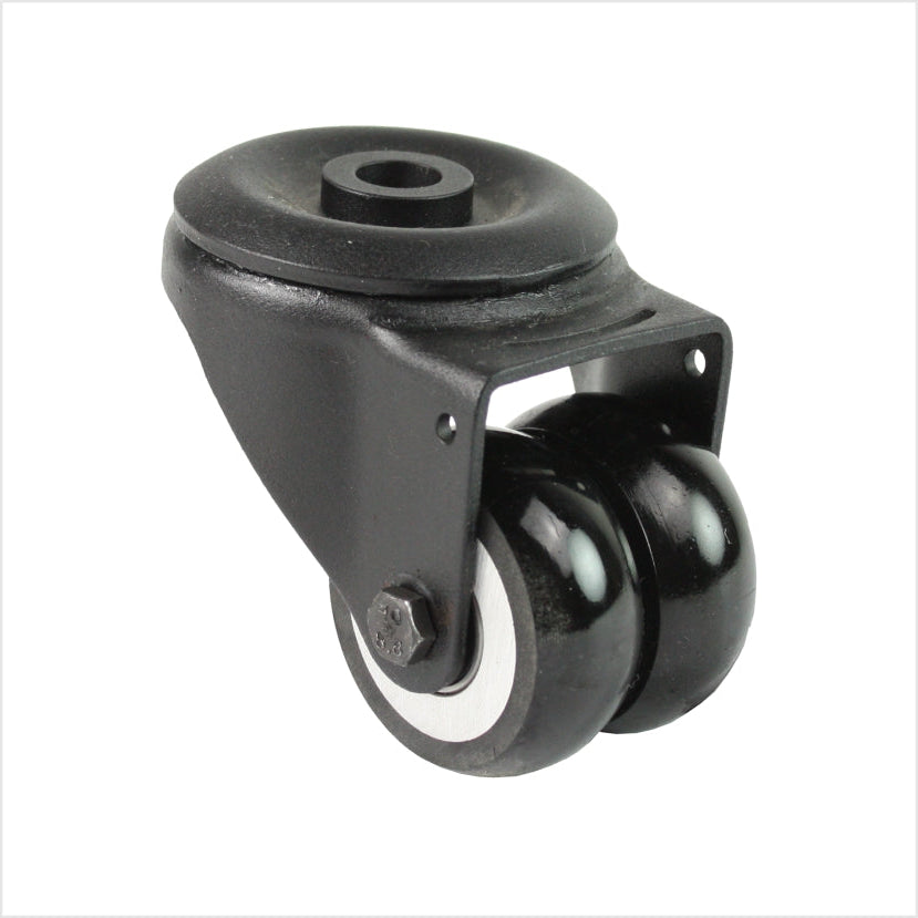 Roulette pivotante mini robuste R-MIB-691KBA avec roues doubles bombées et fixation par trou de boulon, dimensions des roues : 50 × 20 mm, roulette industrielle compacte pour applications à forte capacité de charge