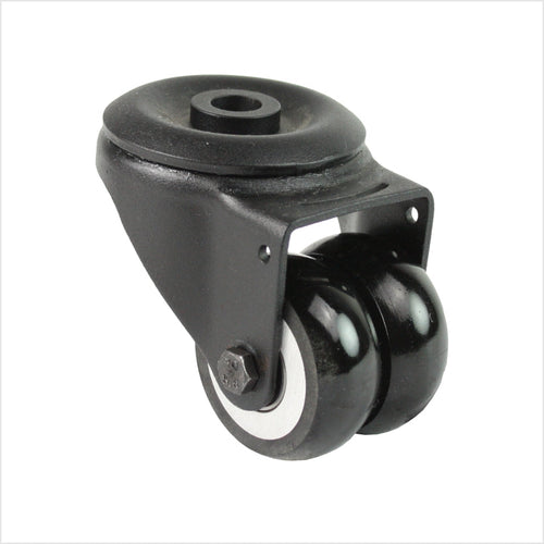 Roulette pivotante mini robuste R-MIB-691KBA avec roues doubles bombées et fixation par trou de boulon, dimensions des roues : 50 × 20 mm, roulette industrielle compacte pour applications à forte capacité de charge