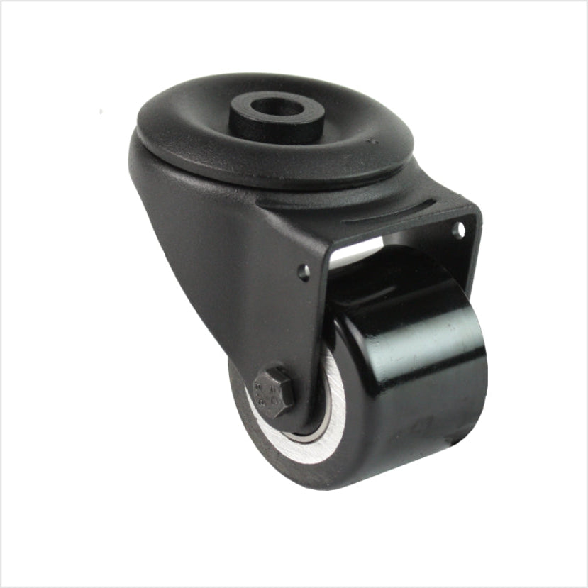 Roulette pivotante mini robuste noire R-MIB-691KFL avec fixation par trou arrière et double roue plate, diamètre de roue 50 mm, roulette industrielle compacte pour la construction de meubles, de magasins et de stands d'exposition