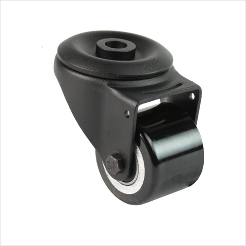 Roulette pivotante mini robuste noire R-MIB-691KFL avec fixation par trou arrière et double roue plate, diamètre de roue 50 mm, roulette industrielle compacte pour la construction de meubles, de magasins et de stands d'exposition