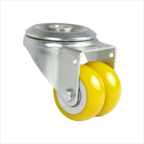 Roulette pivotante mini robuste avec trou de fixation pour une seule vis. Comporte deux roues pour une utilisation en double roulette, avec une bande de roulement convexe en polyuréthane jaune.