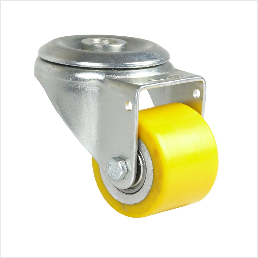 Roulette pivotante avec trou de fixation et large roue en polyuréthane jaune de 50 x 40 mm. Boîtier galvanisé.