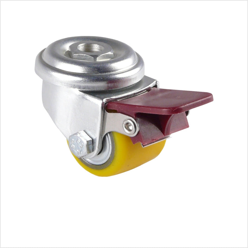 Mini roulette pivotante avec trou arrière et mécanisme de blocage, roue en polyuréthane jaune, petite roulette robuste avec frein