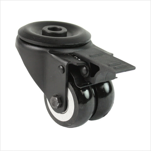 Roulette pivotante mini robuste RTB-MIB-691KBA avec roues doubles bombées, fixation par boulonnage et frein à blocage total, dimensions des roues : 50 × 20 mm, roulette industrielle compacte pour applications à forte capacité de charge