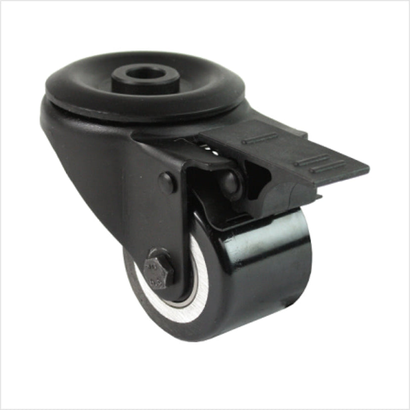 Roulette pivotante mini robuste noire avec trou arrière et mécanisme de verrouillage