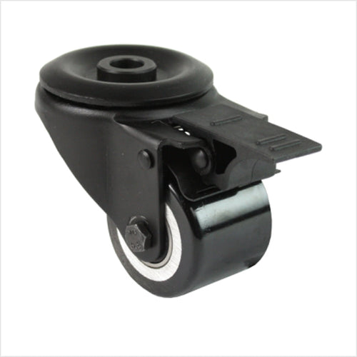 Roulette pivotante mini robuste noire avec trou arrière et mécanisme de verrouillage