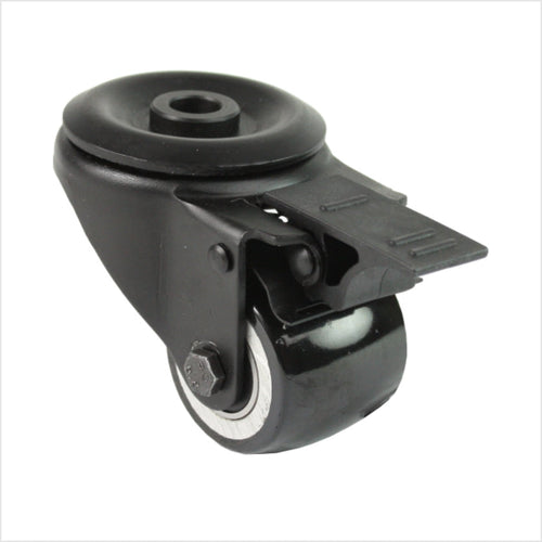 Roulette pivotante mini robuste noire RTB-MIB-691KFL avec roue bombée, fixation par trou arrière et frein, diamètre de roue 50 mm, roulette industrielle compacte pour la construction de meubles, de magasins et de stands d'exposition