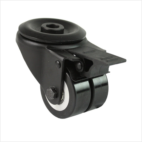 Roulette pivotante mini robuste RTB-MIB-691KFL avec roues doubles plates, fixation par boulon et frein à blocage total, dimensions des roues : 50 × 20 mm, roulette industrielle compacte pour charges élevées
