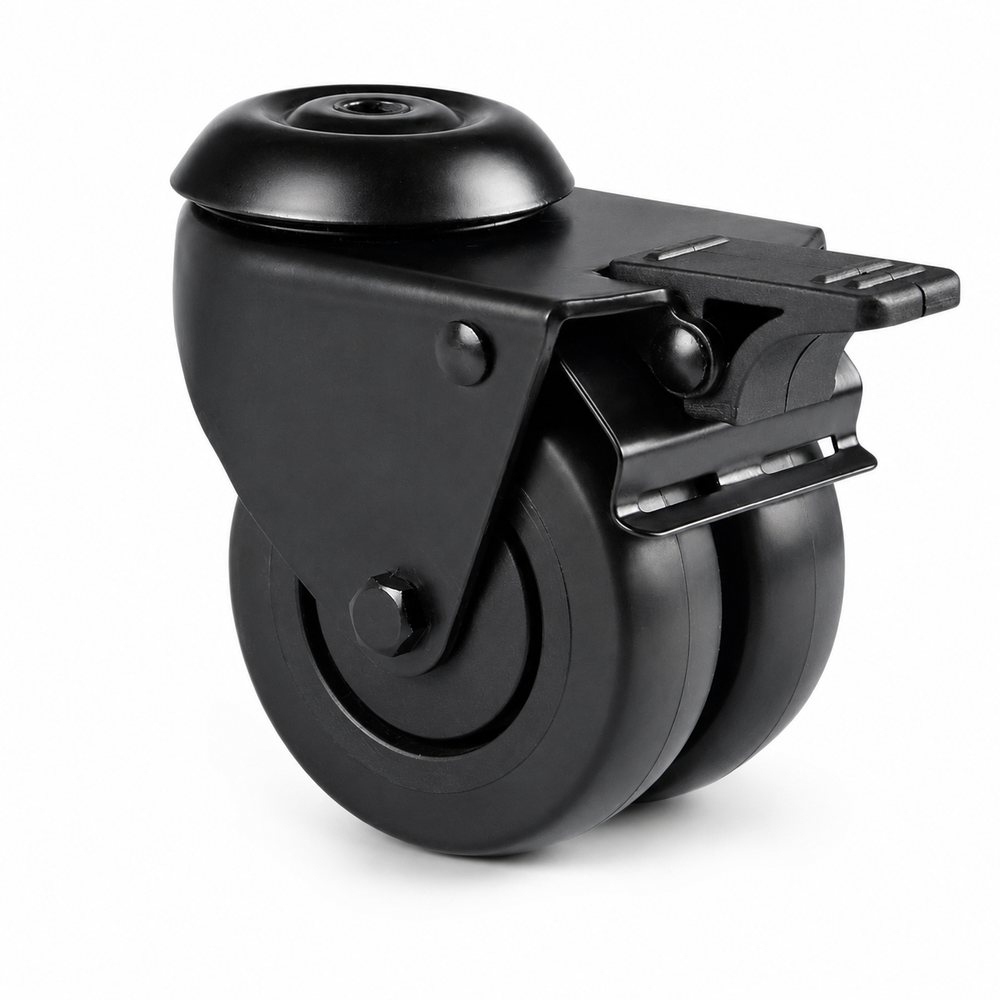 75 mm - Schwarze Doppel-Lenkrolle | TPE-Gummi  Rückenloch | Bremse | leise | leichtlaufend