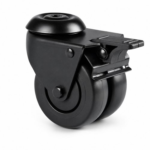 75 mm - Schwarze Doppel-Lenkrolle | TPE-Gummi  Rückenloch | Bremse | leise | leichtlaufend