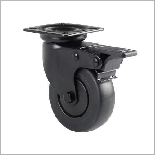 Roulette pivotante noire avec frein pour meubles, chariots de transport de marchandises et présentoirs.