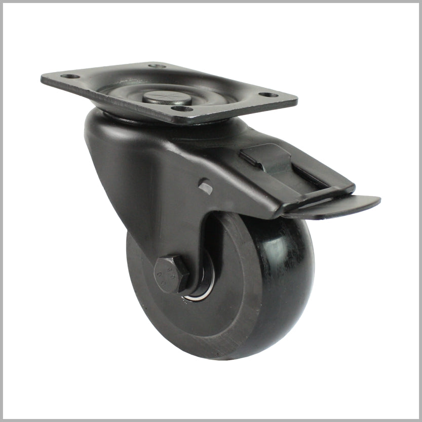 Roulette pivotante noire de 80 mm avec frein, roue convexe en PU et plaque de montage 105 x 80 mm
