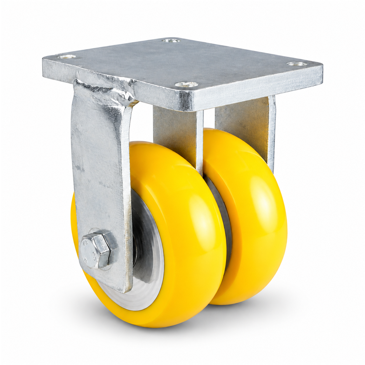 Schwerlast-Bockrolle Ø 100 mm Doppelrad, Polyurethan gelb ballig, verzinktes Stahlgehäuse, 1000 kg – B-MGGS/690KBA/100/50