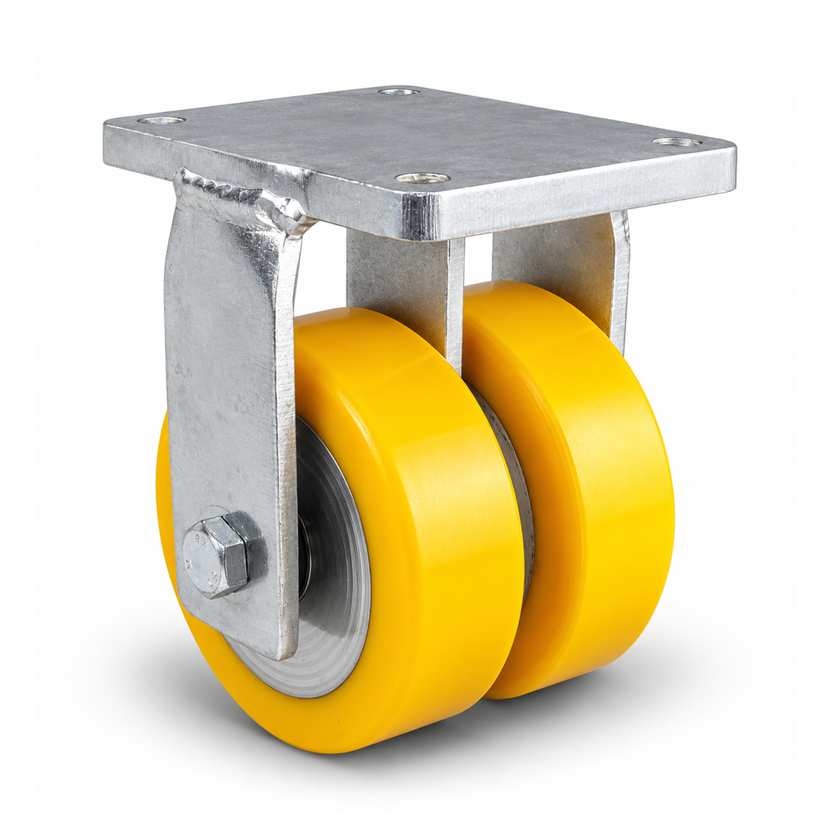 Schwerlast-Bockrolle Ø 150 mm Doppelrad, Polyurethan gelb flach, verzinktes Stahlgehäuse, 1500 kg – B-MGGS/690KFL/150/50