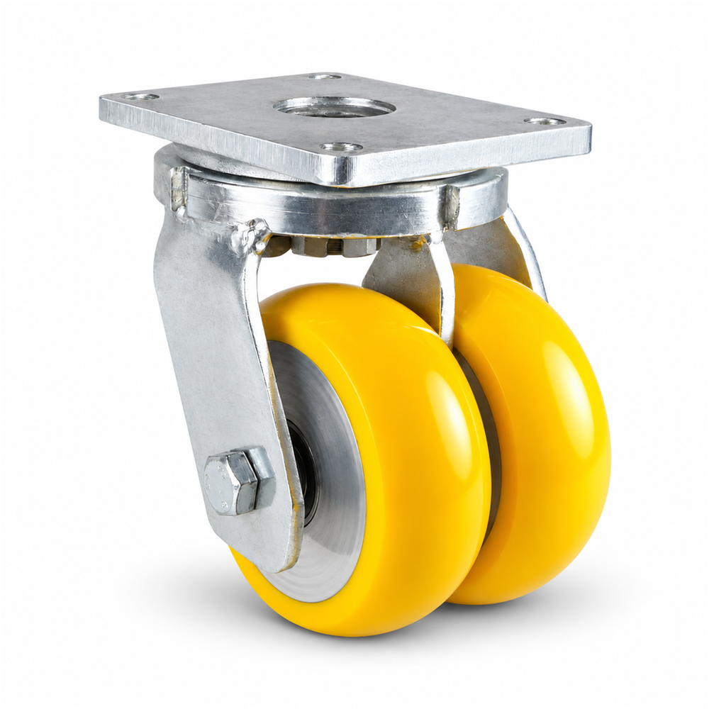 Roulette pivotante pour charges lourdes Ø 125 mm roue jumelée, polyuréthane jaune bombée, chape en acier galvanisé, 1000 kg – L-MGGS/690KBA/125/45