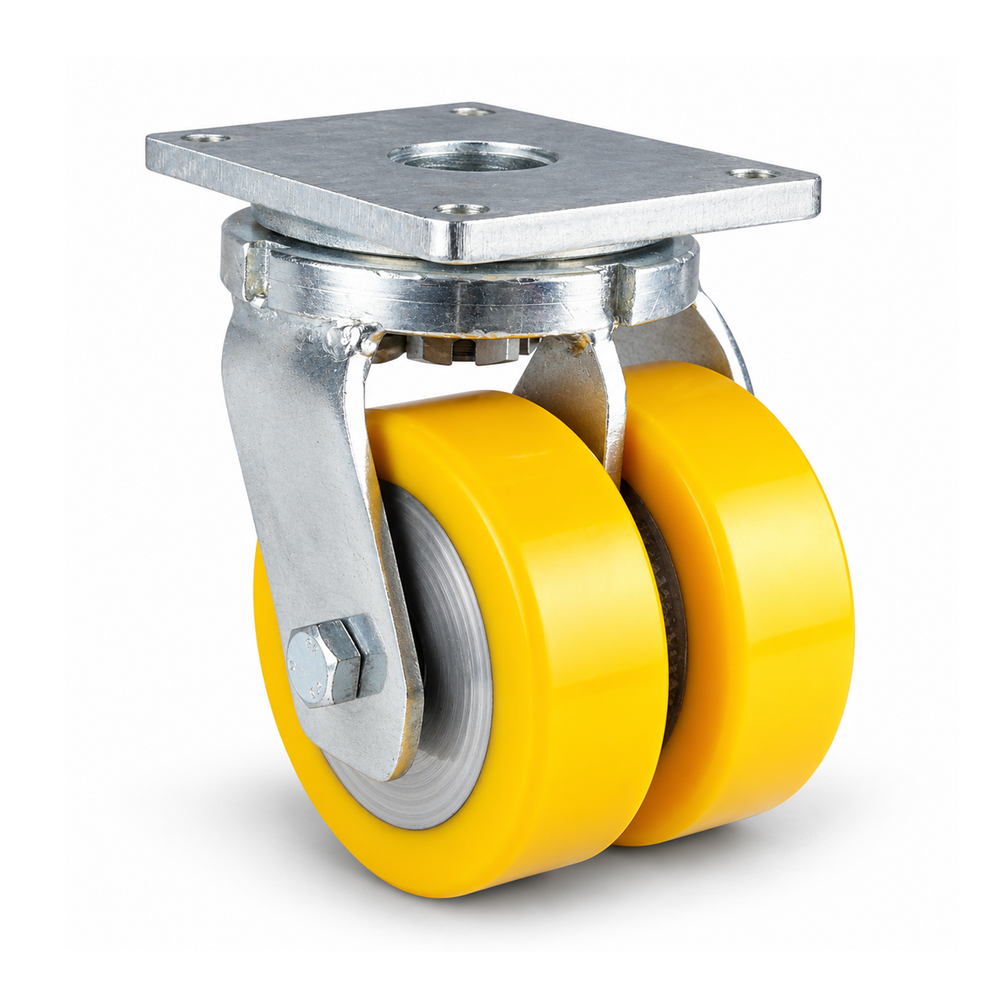 Schwerlast-Lenkrolle Ø 125 mm Doppelrad, Polyurethan gelb flach, verzinktes Stahlgehäuse, 1000 kg – L-MGGS/690KFL/125/45