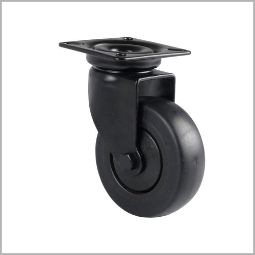 Roulette pivotante noire avec plaque et roue en caoutchouc noir sur fond blanc.